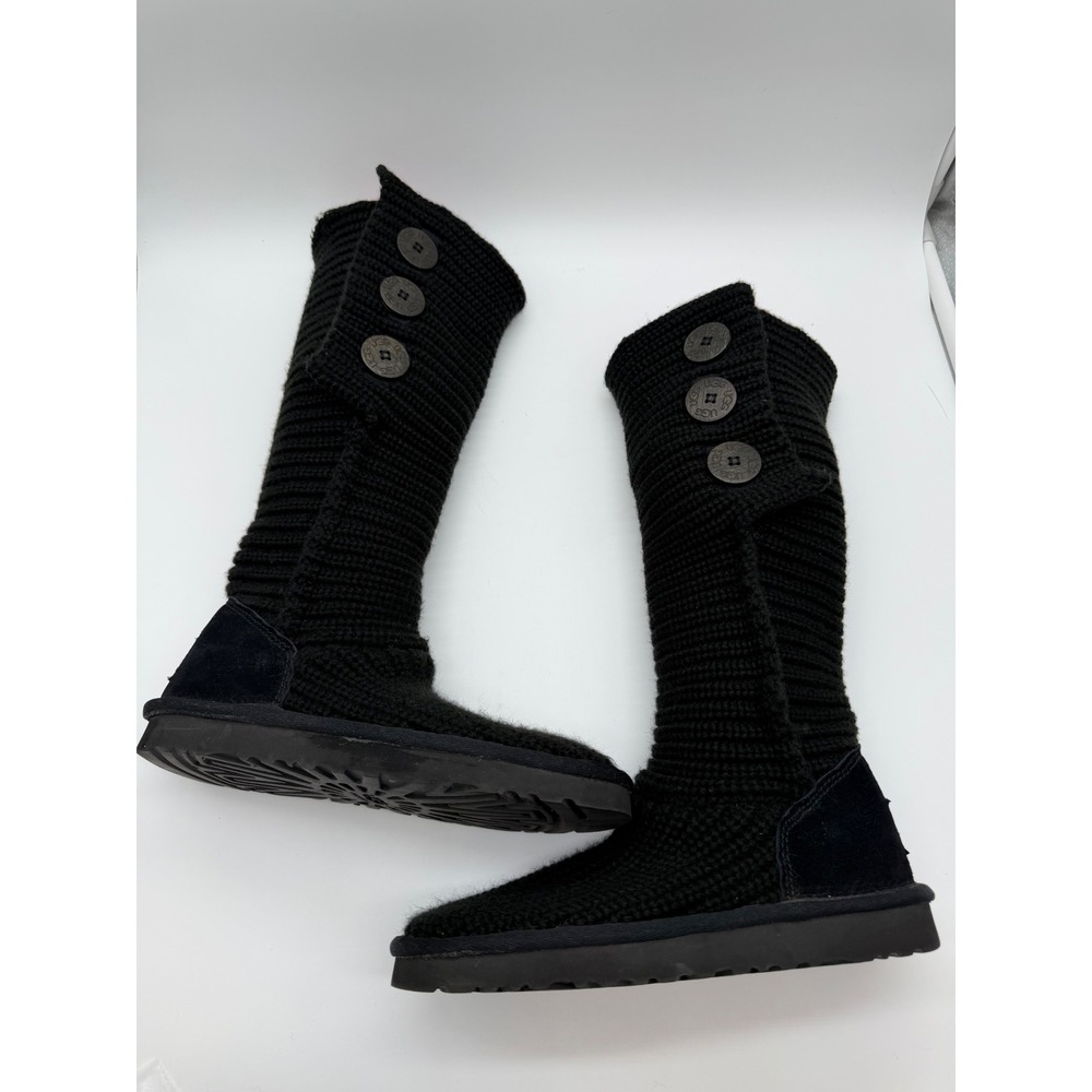 UGG Lattice Cardy Black Knit Three Button Tall Boots Womens 6